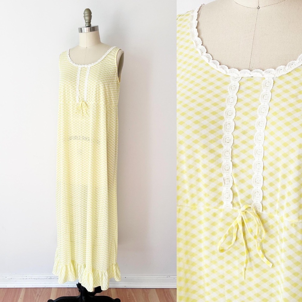 SIZE M/L JC‎ Penney Nightgown Yellow Gingham Lace Trim Vintage 1970s Maxi Dress